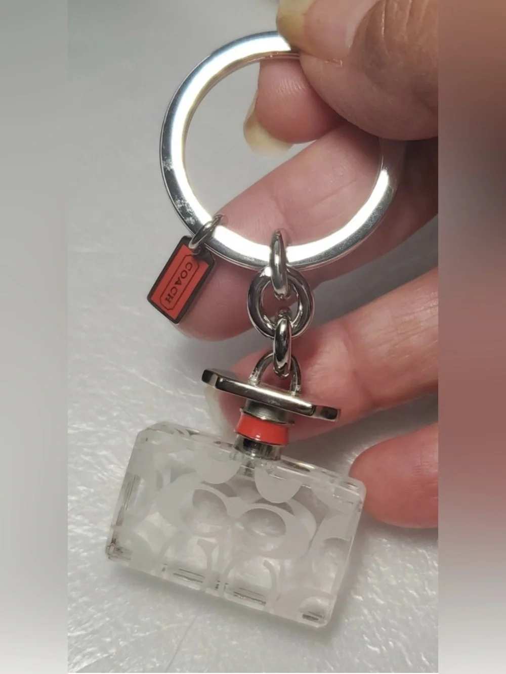 Coach Clear Crystal and Silver Keyring with Red Accent